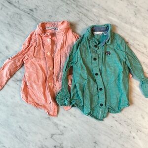 Janie and Jackie, Baby Boy Cotton Linen Shirts, Green & Red, 12 - 18 M, Set of 2